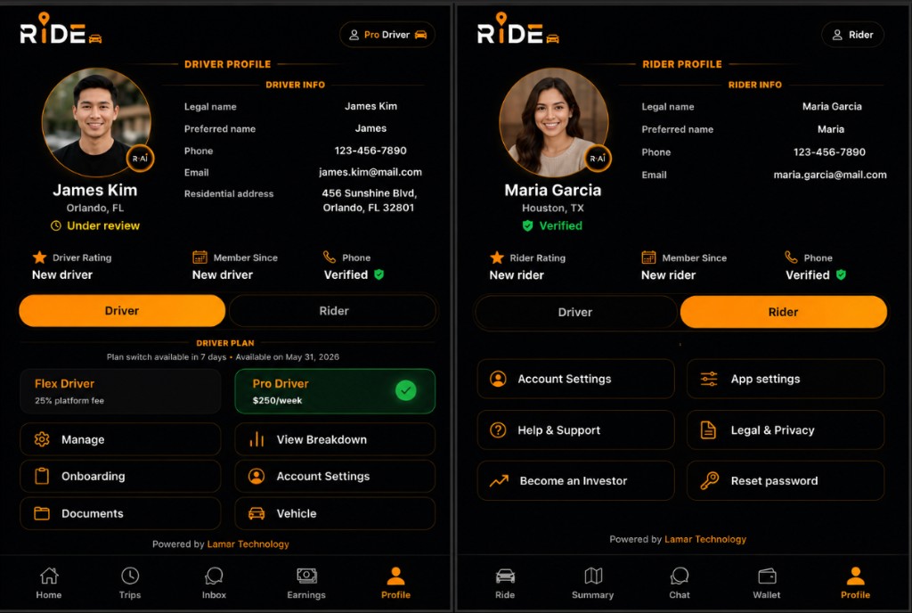 Ride demo driver and rider profile screens with placeholder profile information