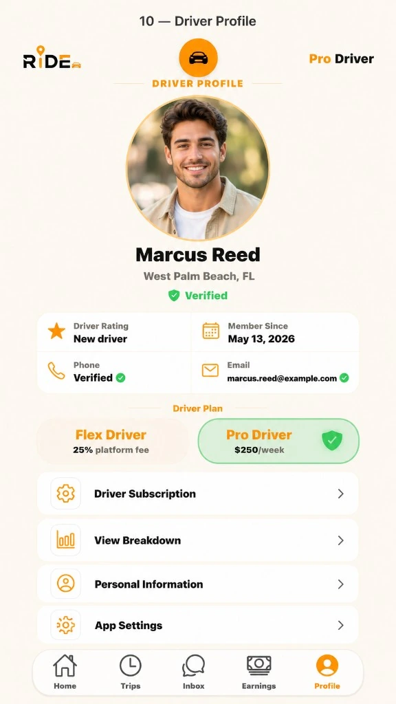 Ride driver profile screen in light mode with demo profile, driver plan options, and account settings