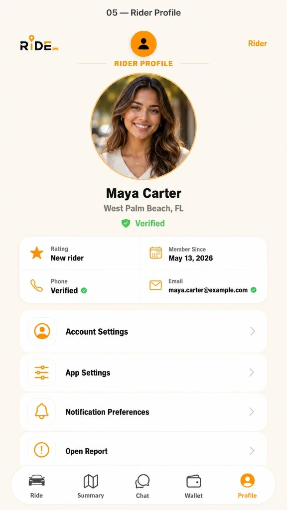 Ride rider profile screen in light mode with demo profile, verification badges, and account settings